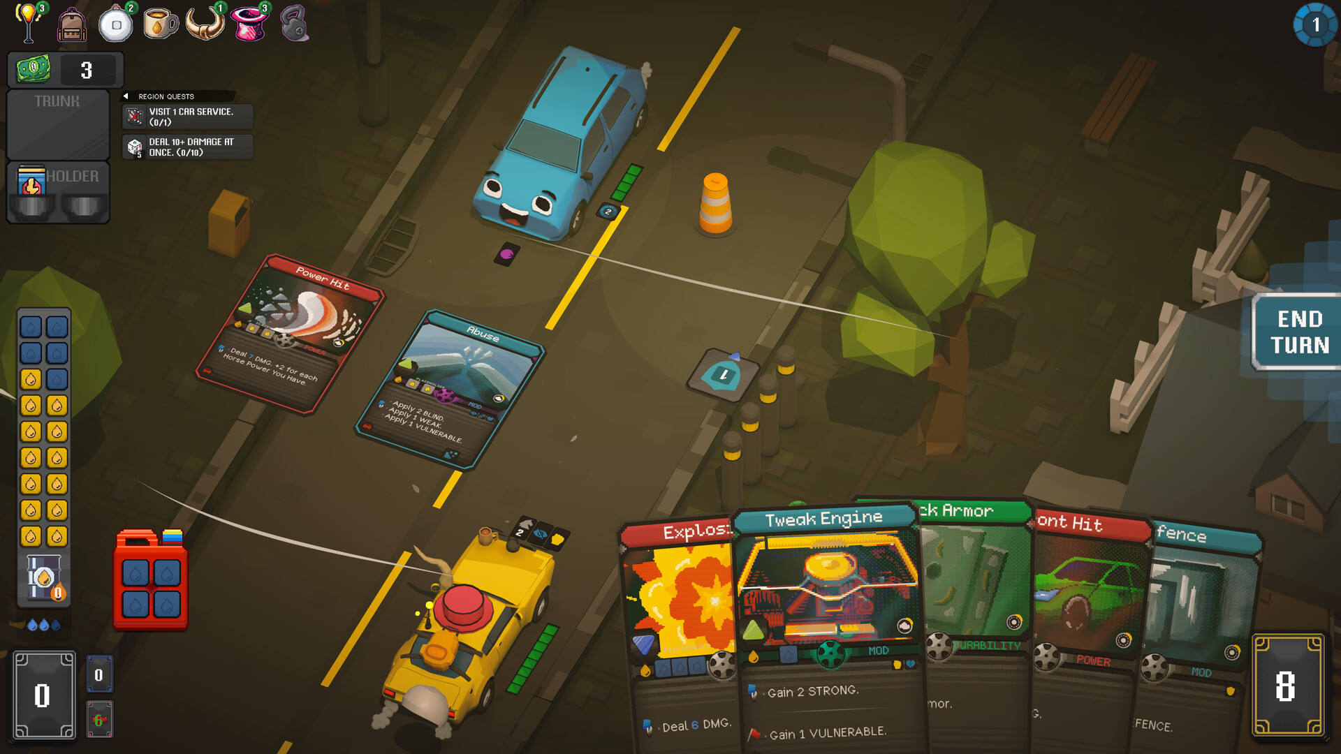 Rogue Wheels battle with cards arranged across the road